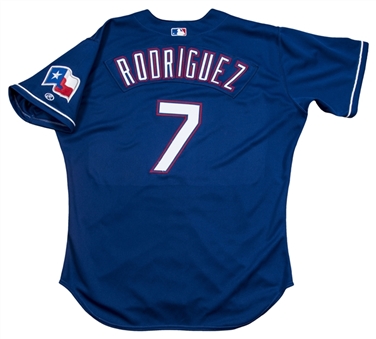 2001 Ivan Rodriguez Game Used Texas Rangers Alternate Blue Jersey (Rangers/MeiGray)